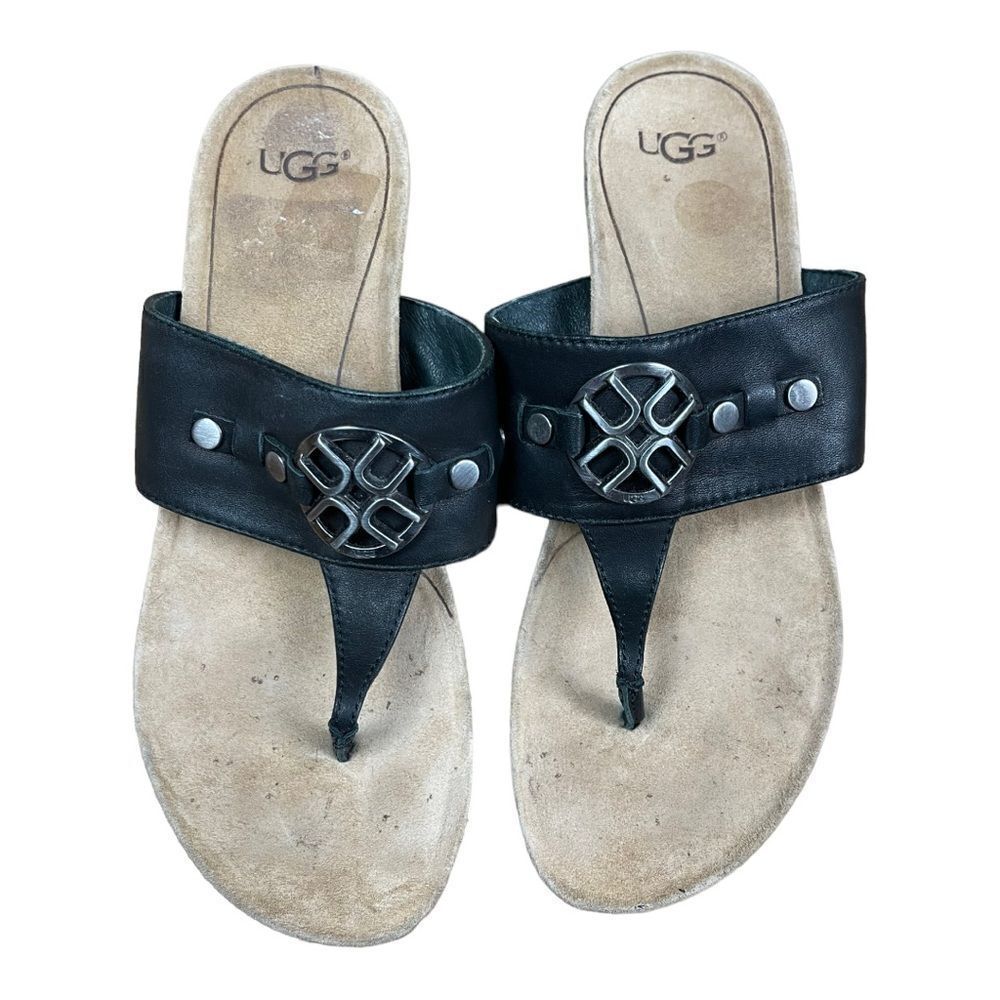 UGG Women's Briella Thong Sandals Cork Wedge Black Women's Size 7 1011548